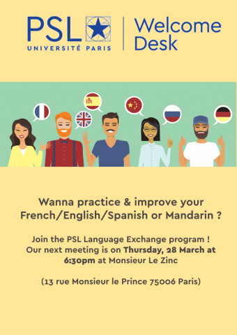 affiche de l'événement psl welcome desk language exchange program