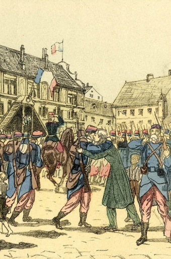 L’entrée des Français en Alsace, défilé des régiments français devant l’hôtel de Ville de Mulhouse, affiche de guerre (Archives départementales du Territoire de Belfort, 11 Fi 10.9/28)